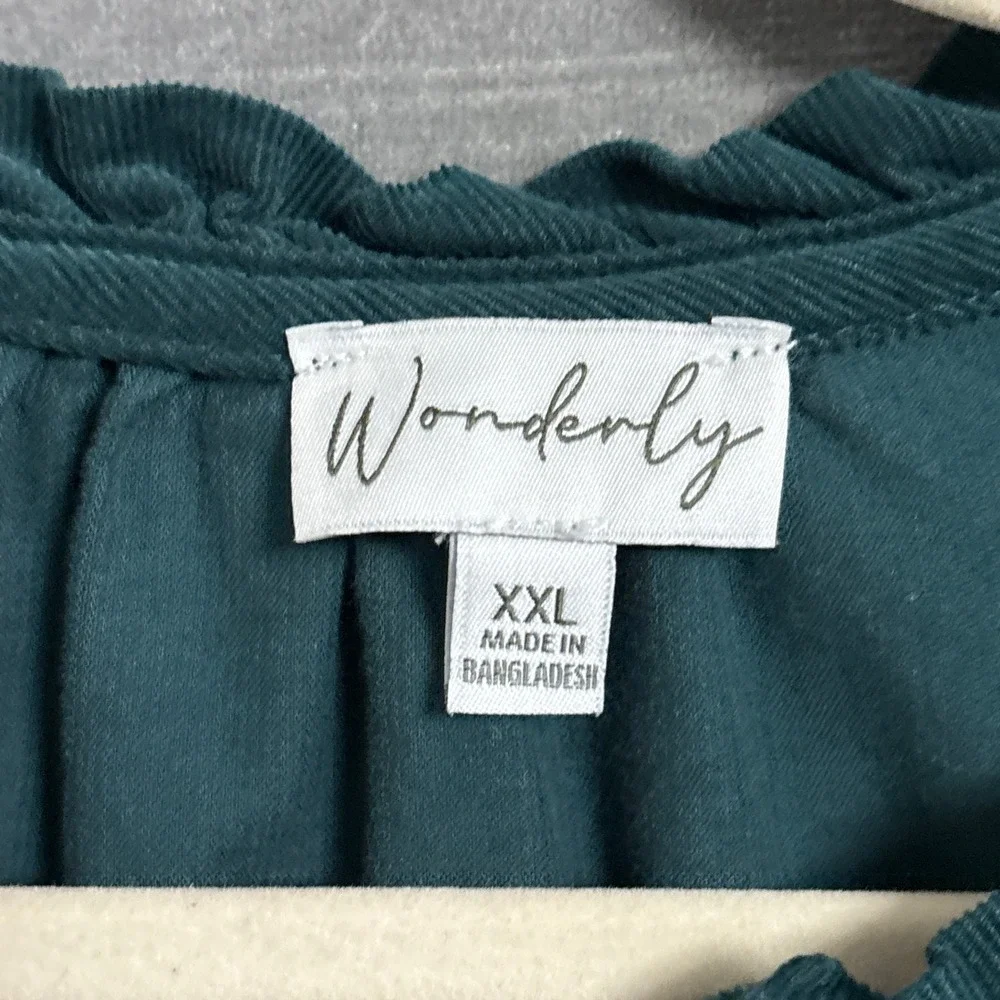 Wonderly Top XXL Green Cotton Corduroy Ruffle Button Front Long Sleeve Fall